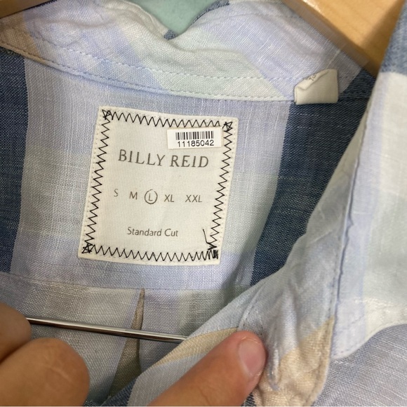 Billy Reid Plaid Linen Button Down Shirt Large‎ Blue Cream - Picture 3 of 7